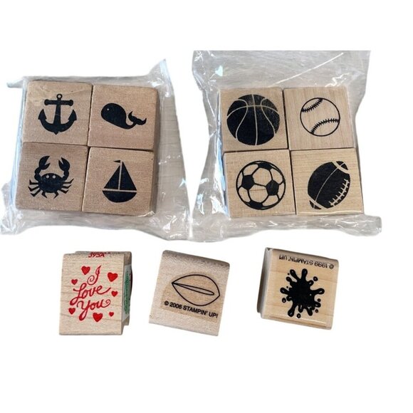 Rubber Wooden Stamp Set Assorted Designs Nature & Sports Themes - Picture 1 of 2